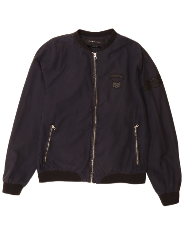 Zara Mens Bomber Jacket UK 42 XL Navy Blue Colourblock Cotton