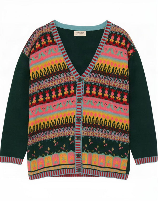 Benetton Womens Oversized Cardigan Sweater UK 10 Small Green Fair Isle Wool