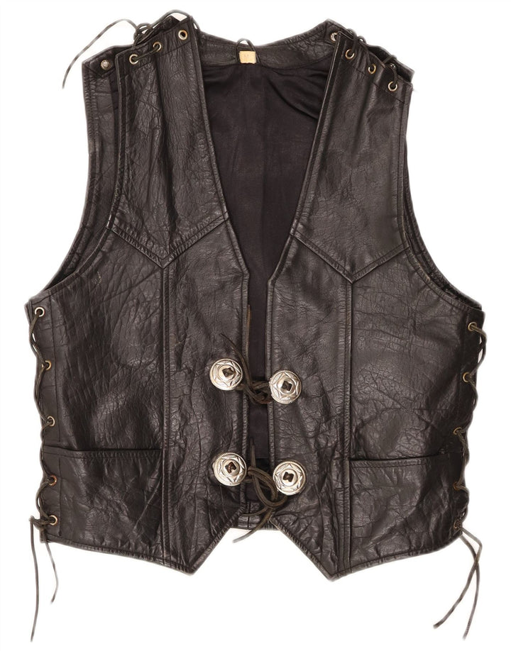 Vintage Mens Leather Waistcoat Medium Black Leather