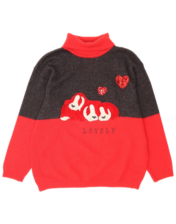 Vintage Womens Graphic Roll Neck Jumper Sweater UK 18 XL Red Colourblock
