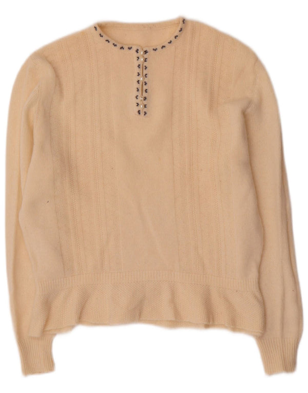 Vintage Womens Crew Neck Jumper Sweater UK 16 Large Beige Wool