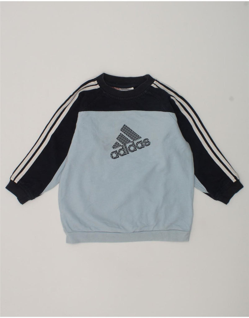 ADIDAS Boys Graphic Sweatshirt Jumper 2-3 Years Blue Colourblock Cotton | Vintage Adidas | Thrift | Second-Hand Adidas | Used Clothing | Messina Hembry 