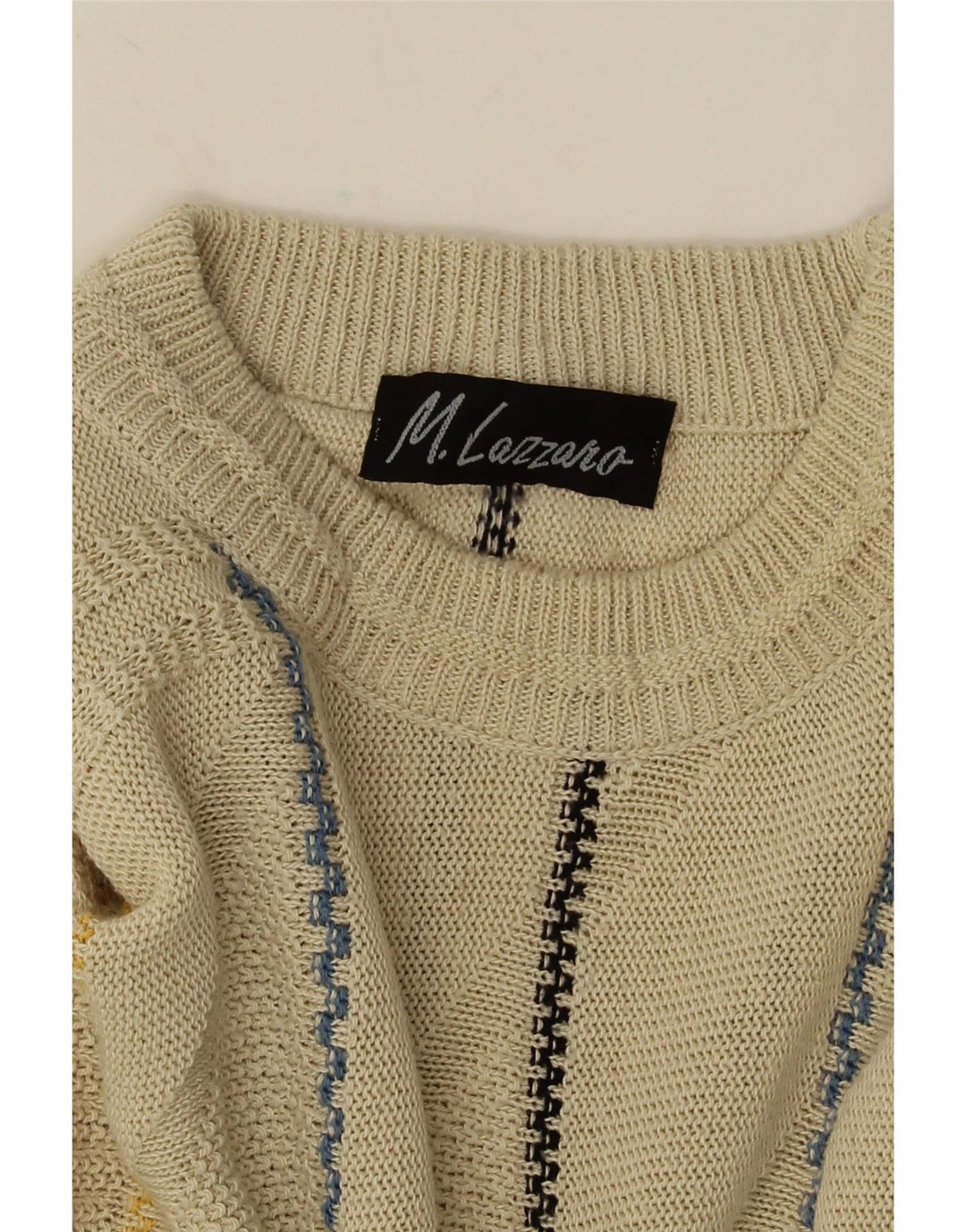 Vintage Mens Crew Neck Jumper Sweater Large Beige Striped
