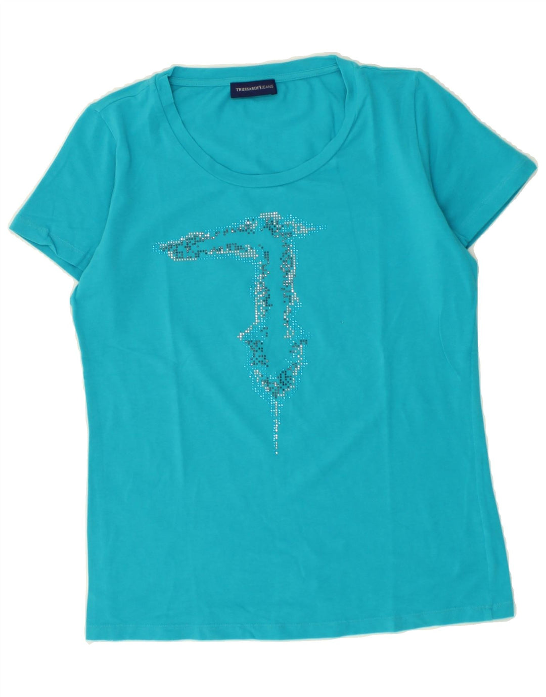 TRUSSARDI JEANS Womens Graphic T-Shirt Top UK 12 Medium Blue Vintage Trussardi Jeans and Second-Hand Trussardi Jeans from Messina Hembry 
