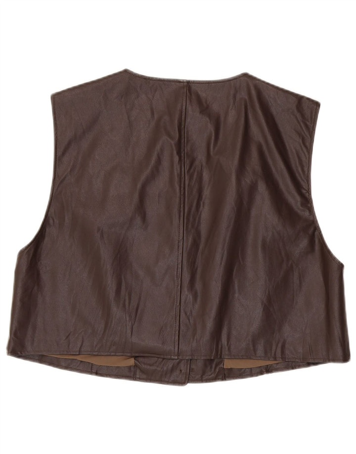 Vintage Womens Crop Oversized Leather Gilet UK 14 Medium Brown