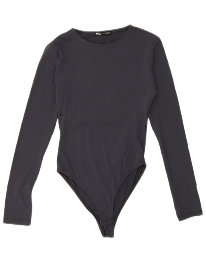 Zara Womens Long Sleeve Bodysuit UK 8 Small Navy Blue Polyamide