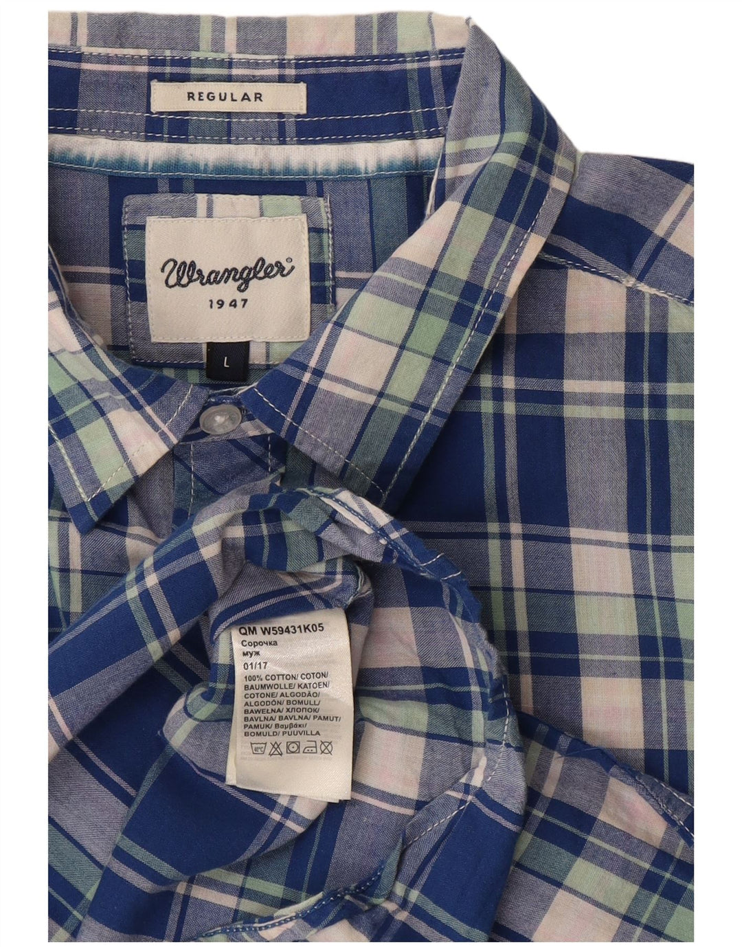 Wrangler Mens Regular Fit Short Sleeve Shirt Large Blue Check Cotton