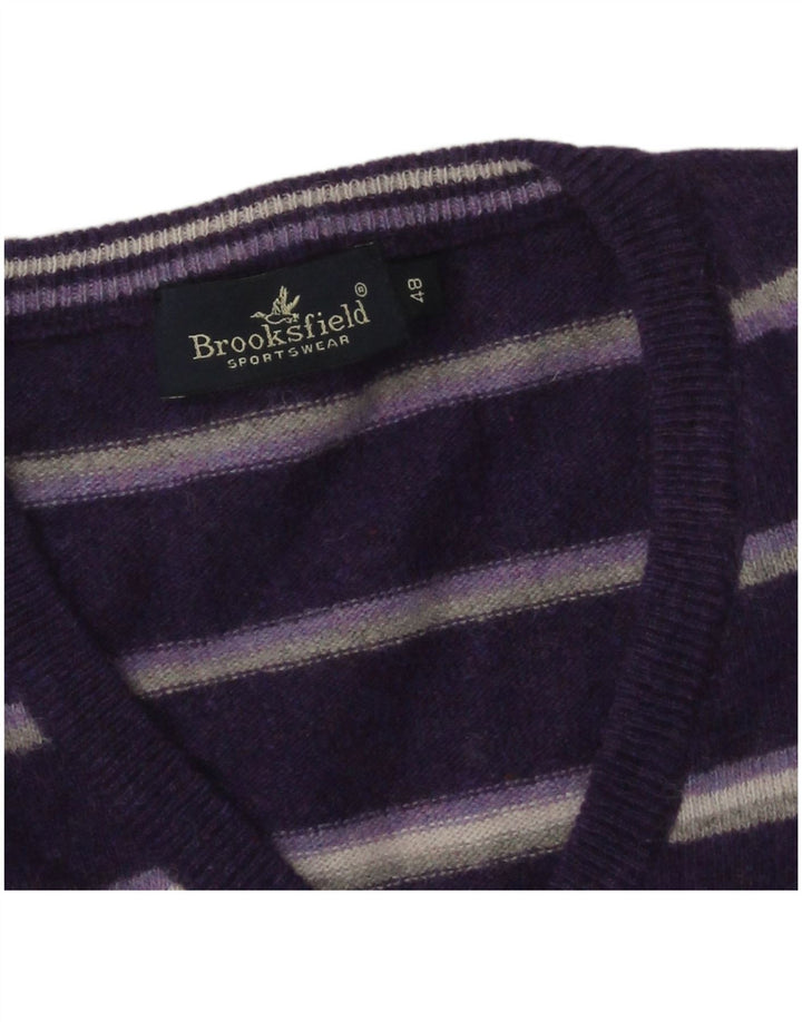 Brooksfield Mens V-Neck Jumper Sweater IT 48 Medium Purple Striped Wool