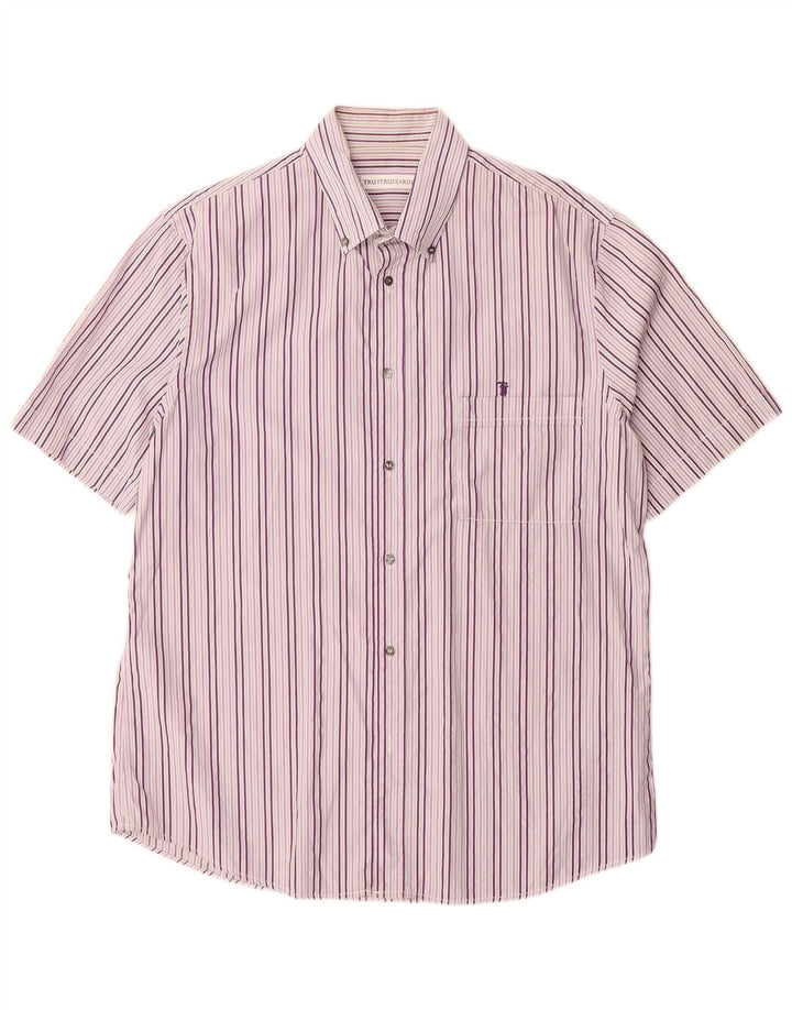 Trussardi Mens Short Sleeve Shirt Size 42 Large Purple Striped
