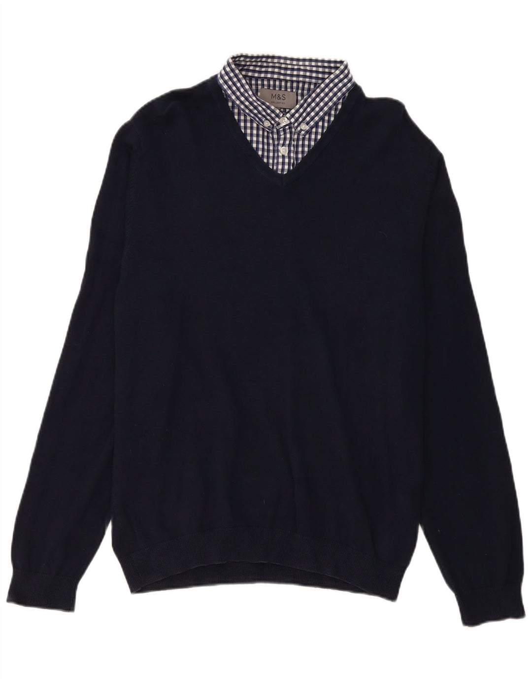 Marks & Spencer Mens Polo Neck Jumper Sweater Large Navy Blue Gingham