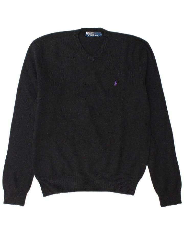 Polo Ralph Lauren Mens V-Neck Jumper Sweater Large Black Lambswool