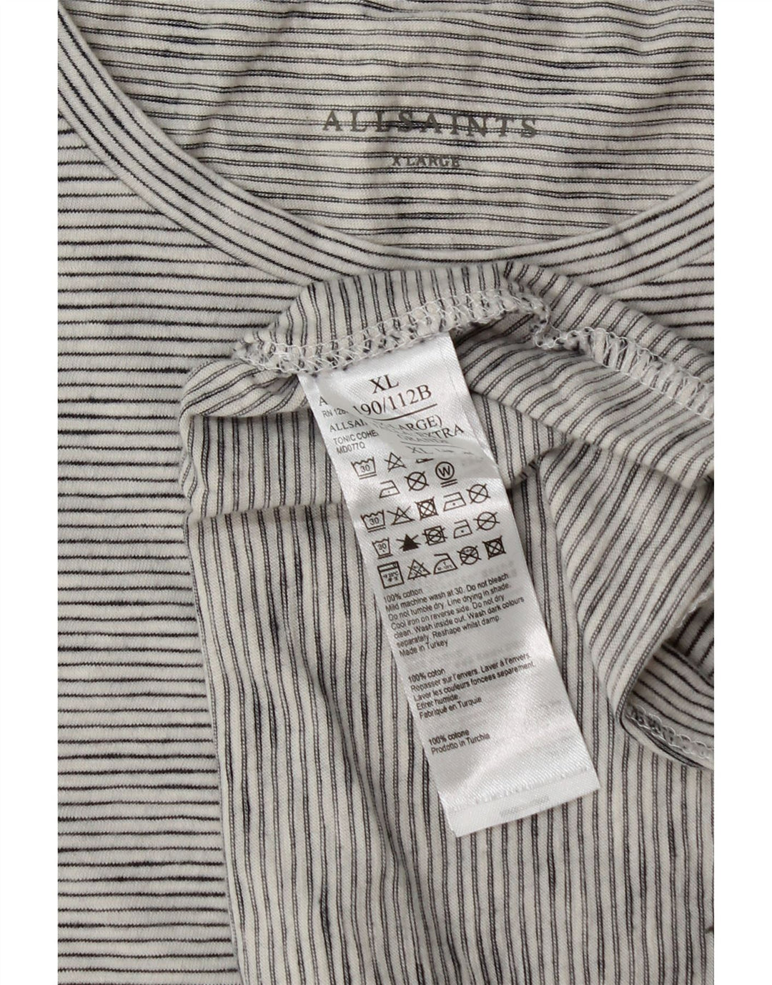 All Saints Mens T-Shirt Top XL Grey Striped Cotton