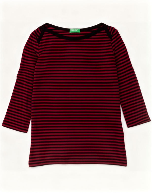 Benetton Womens Top 3/4 Sleeve UK 12 Medium Red Striped Cotton