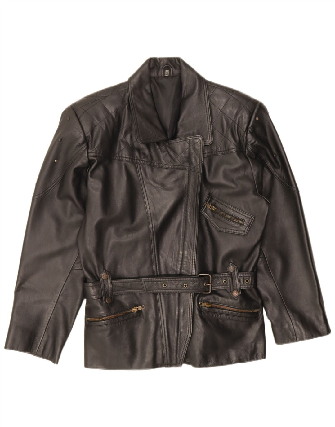 Vintage Womens Oversized Leather Biker Jacket EU 36 Small Black Leather