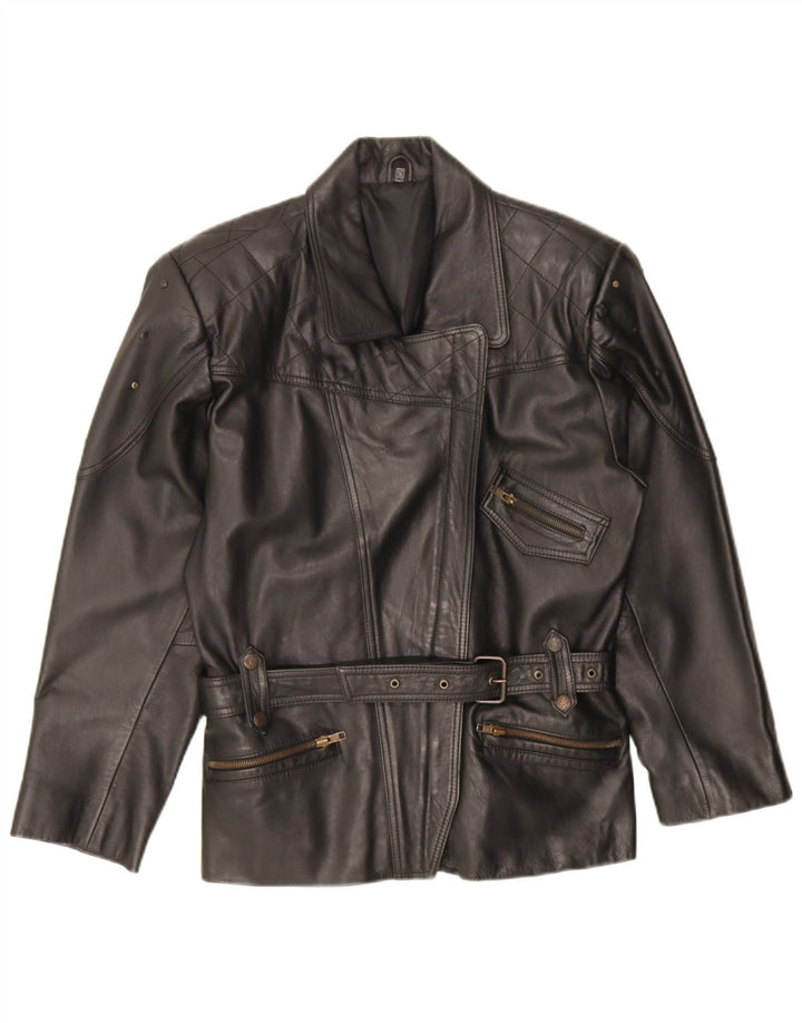Vintage Womens Oversized Leather Biker Jacket EU 36 Small Black Leather