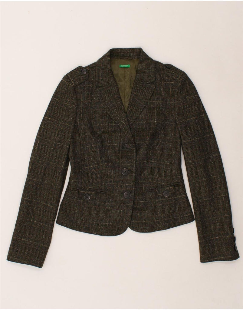 BENETTON Womens 3 Button Blazer Jacket IT 42 Medium Khaki Check Wool Vintage Benetton and Second-Hand Benetton from Messina Hembry 