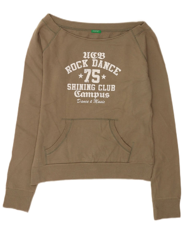 Benetton Womens Crop Graphic Sweatshirt Jumper UK 16 Large Khaki Cotton
