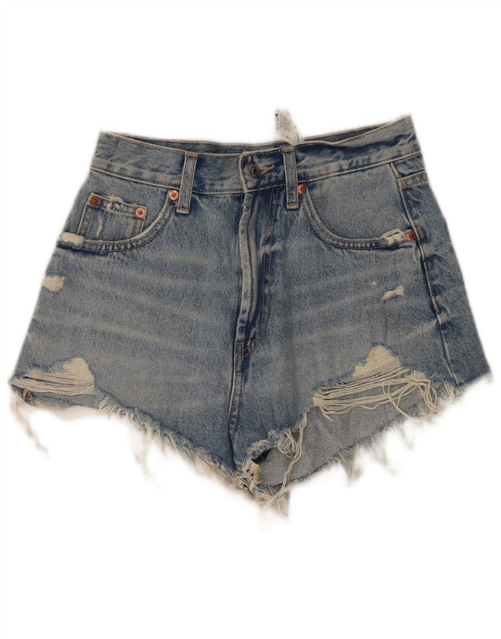 ZARA Womens High Waist Distressed Denim Shorts EU 34 2XS W24  Blue Cotton