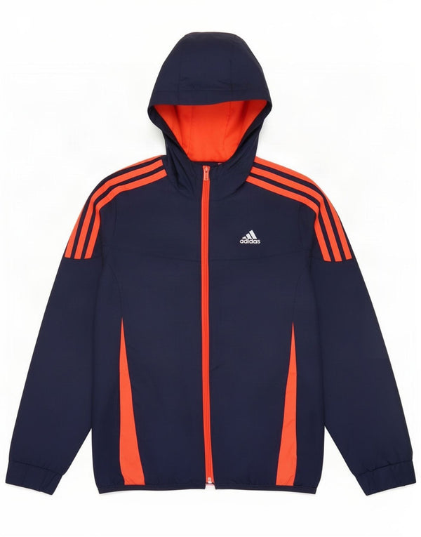 Adidas Boys Hooded Tracksuit Top Jacket 9-10 Years Navy Blue Colourblock