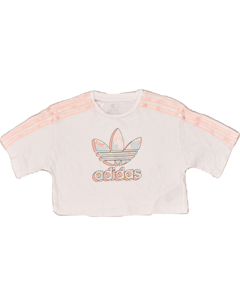 ADIDAS Girls Crop Graphic T-Shirt Top 7-8 Years White Cotton | Vintage Adidas | Thrift | Second-Hand Adidas | Used Clothing | Messina Hembry 