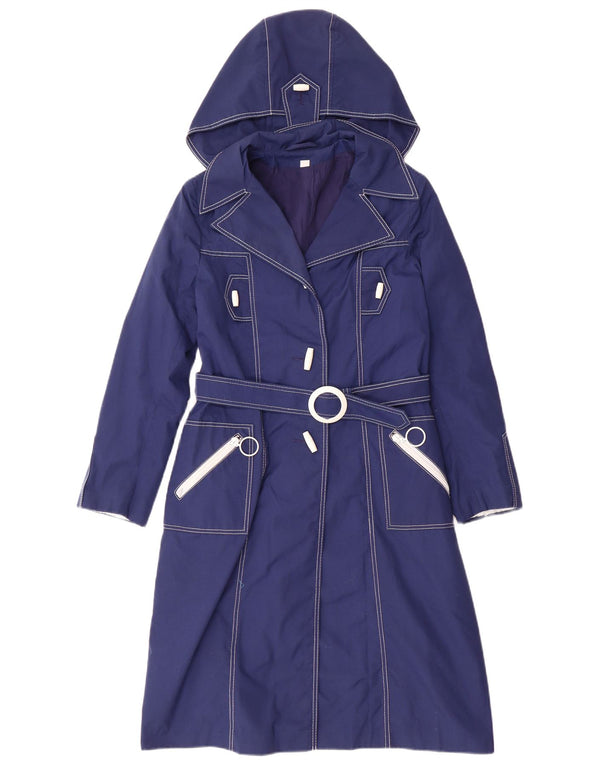 Vintage Girls Hooded Trench Coat 11-12 Years Navy Blue Polyester