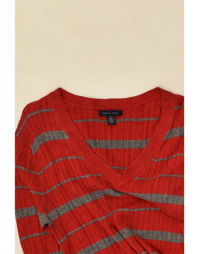 TOMMY HILFIGER Womens V-Neck Jumper Sweater UK 12 Medium Red Striped | Vintage Tommy Hilfiger | Thrift | Second-Hand Tommy Hilfiger | Used Clothing | Messina Hembry 