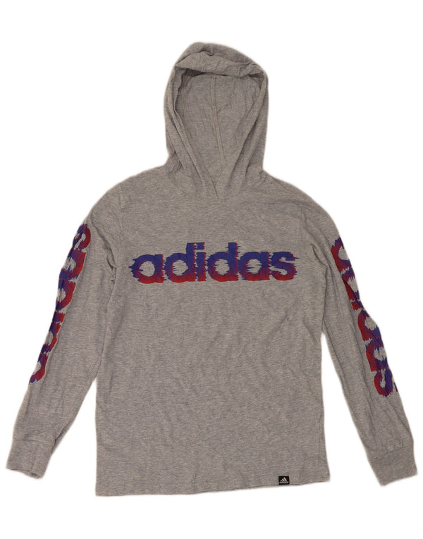 Adidas Boys Hooded Graphic Top Long Sleeve 14-15 Years Large Grey Cotton
