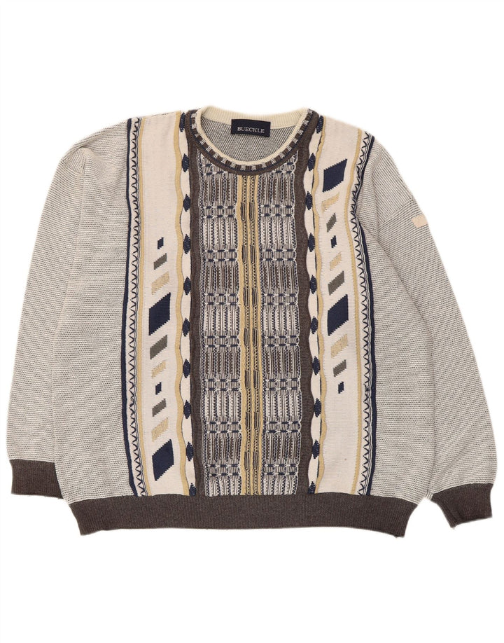 Bueckle Mens Boat Neck Jumper Sweater Large Grey Geometric