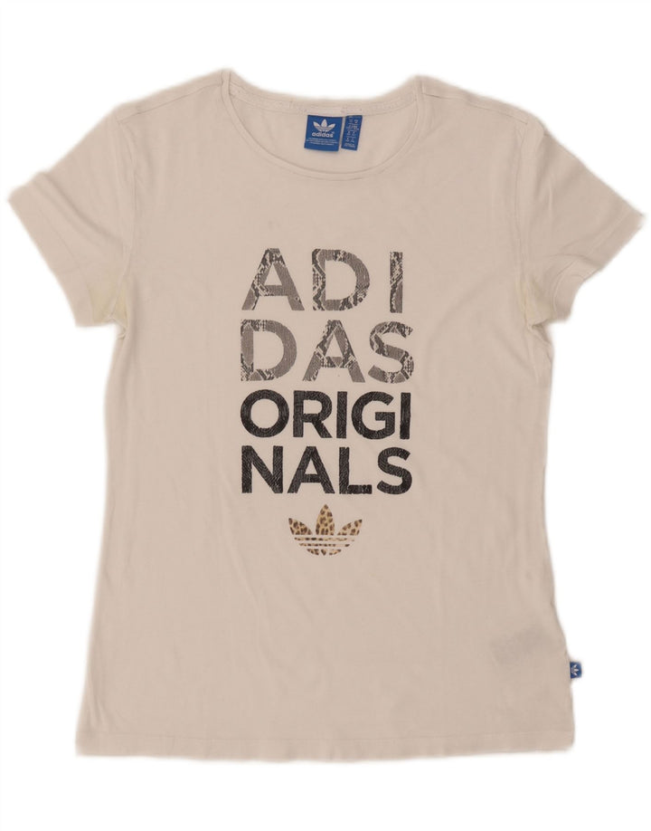 ADIDAS Womens Graphic T-Shirt Top UK 14 Medium White Cotton Vintage Adidas and Second-Hand Adidas from Messina Hembry 