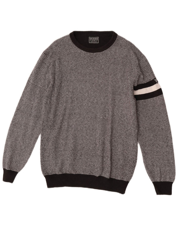 Guess Mens Crew Neck Jumper Sweater Medium Black Striped Cotton