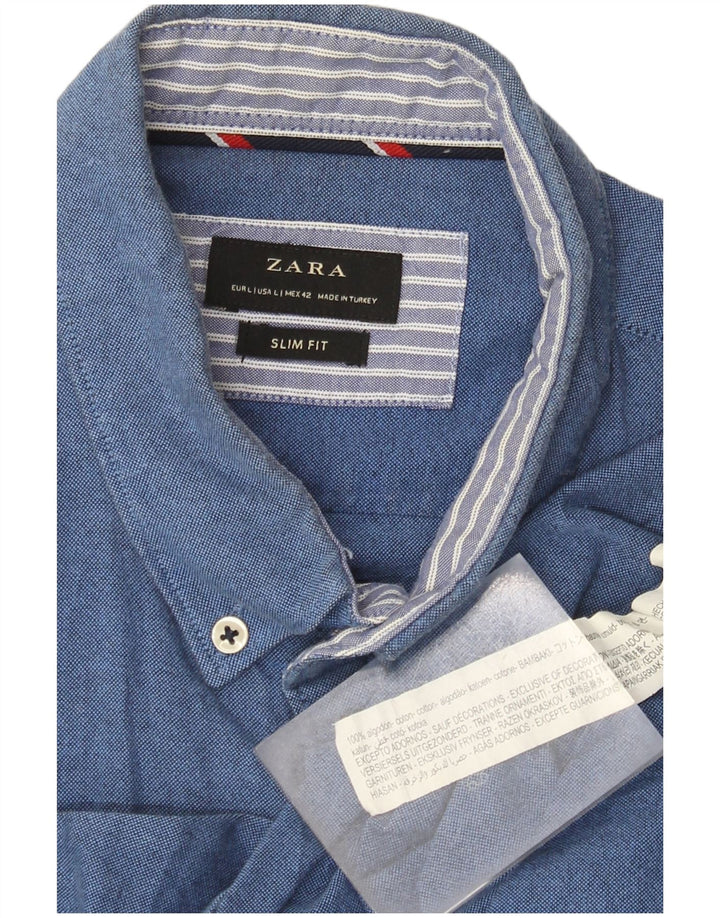 Zara Mens Slim Fit Shirt Large Blue Cotton