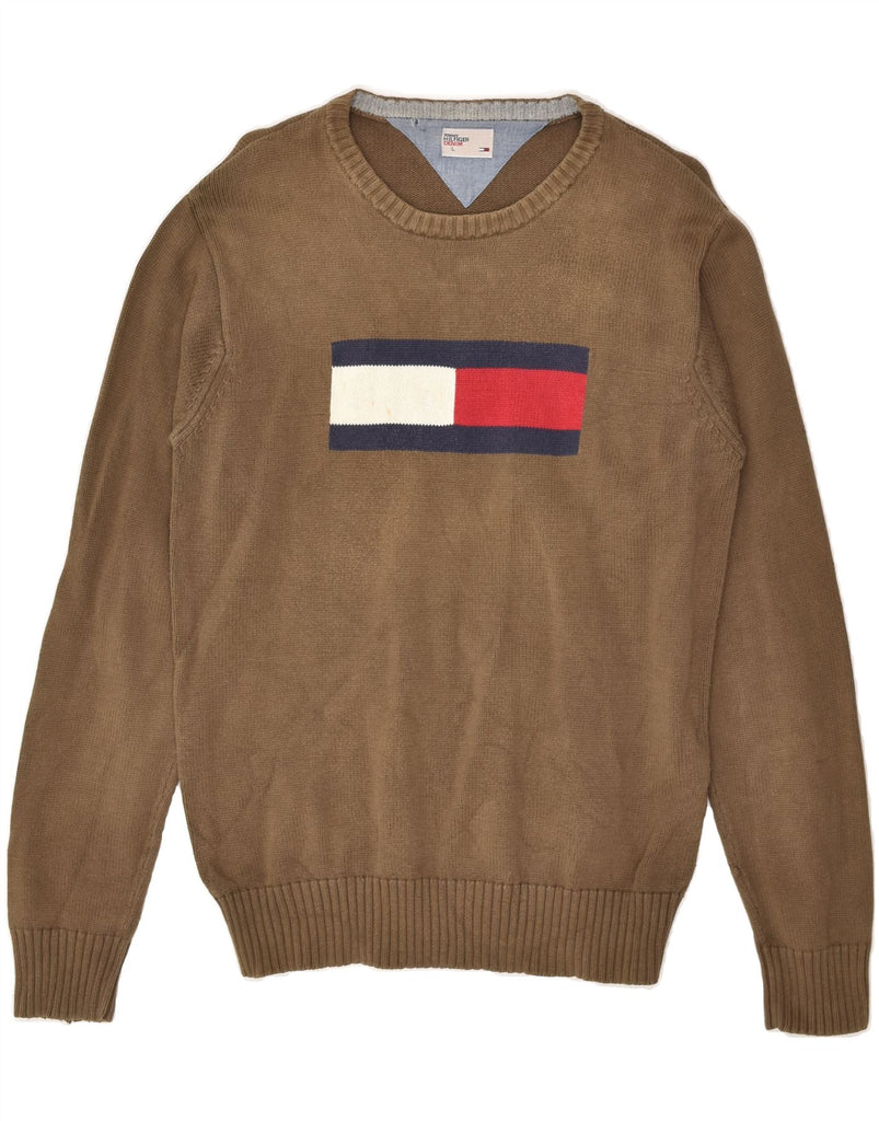 TOMMY HILFIGER Mens Graphic Boat Neck Jumper Sweater Large Brown Cotton | Vintage Tommy Hilfiger | Thrift | Second-Hand Tommy Hilfiger | Used Clothing | Messina Hembry 