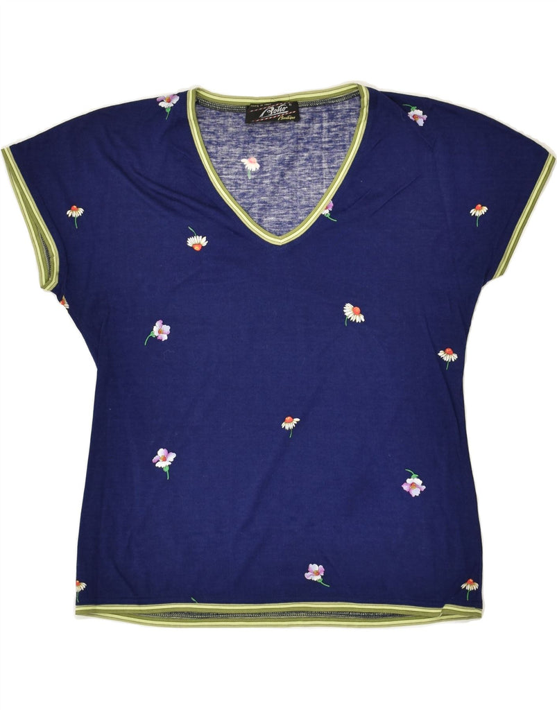 VINTAGE Womens T-Shirt Top UK 14 Large Navy Blue Floral | Vintage Vintage | Thrift | Second-Hand Vintage | Used Clothing | Messina Hembry 