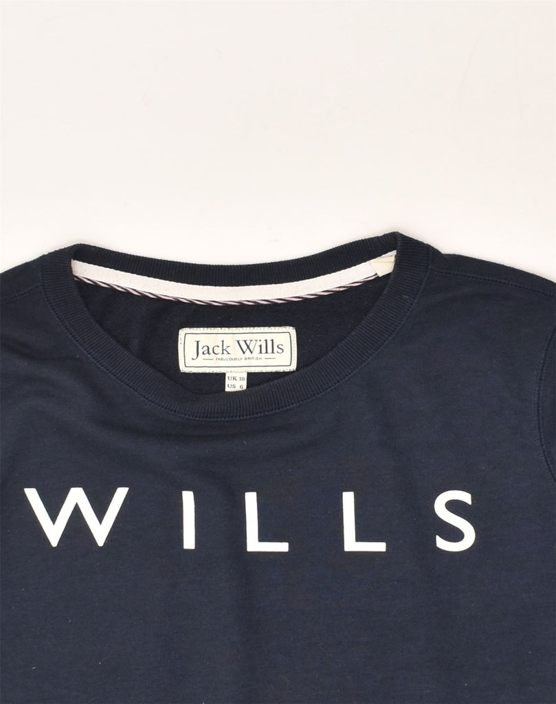 JACK WILLS Womens Graphic Sweatshirt Jumper UK 10 Small Navy Blue Cotton | Vintage Jack Wills | Thrift | Second-Hand Jack Wills | Used Clothing | Messina Hembry 