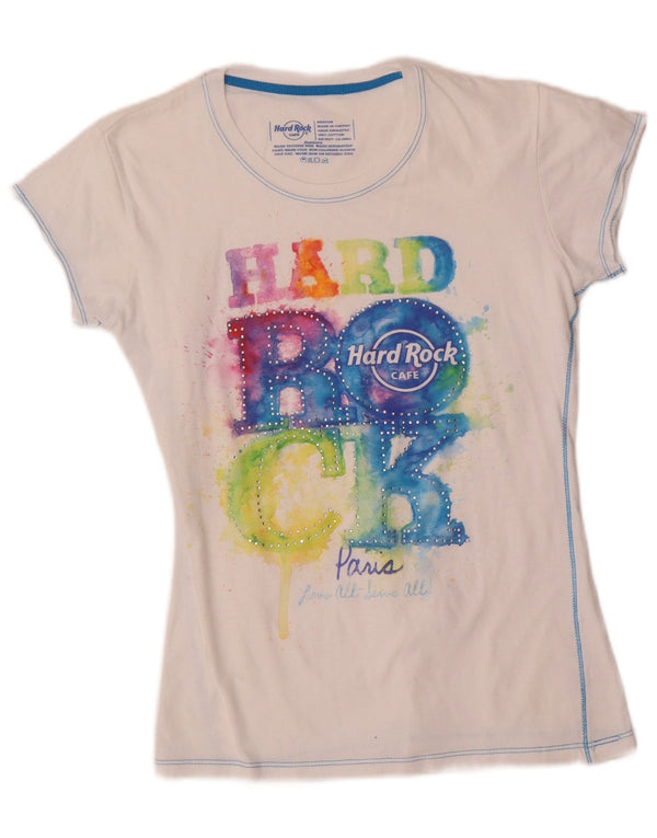 Hard Rock Cafe Womens Paris Graphic T-Shirt Top UK 12 Medium White Cotton