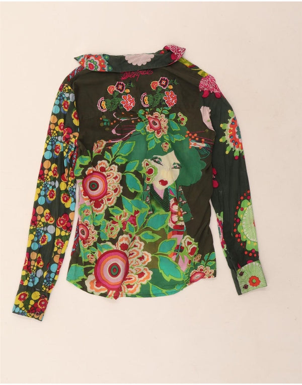 Desigual Womens Shirt Blouse UK 10 Small Green Floral Cotton
