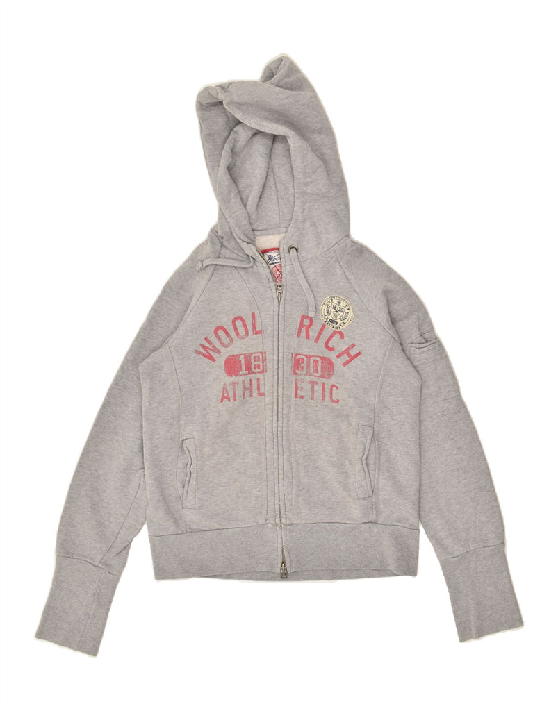 WOOLRICH Womens Graphic Crop Zip Hoodie Sweater UK 12 Medium Grey Cotton | Vintage Woolrich | Thrift | Second-Hand Woolrich | Used Clothing | Messina Hembry 