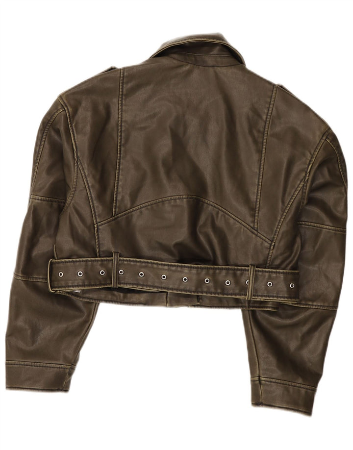 Zara Womens Crop Faux Leather Biker Jacket UK 14 Medium Green Polyester