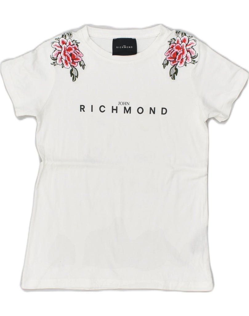 RICHMOND Girls Graphic T-Shirt Top 9-10 Years White Floral Cotton | Vintage Richmond | Thrift | Second-Hand Richmond | Used Clothing | Messina Hembry 