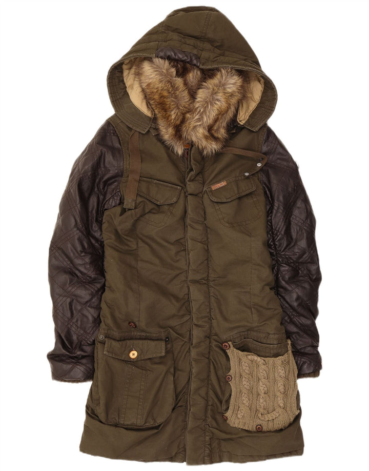 KHUJO Womens Hooded Parka Jacket UK 14 Large Khaki Colourblock Polyester