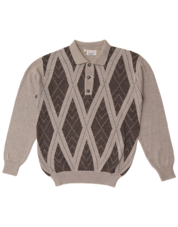 Vintage Mens Polo Neck Jumper Sweater IT 52 Large Grey Argyle/Diamond Wool