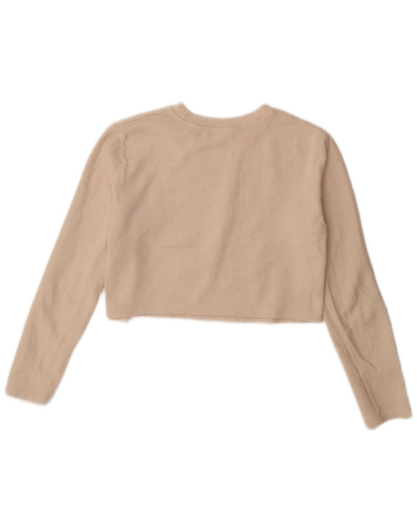 Zara Womens Crop Top Long Sleeve UK 10 Small Beige Cotton