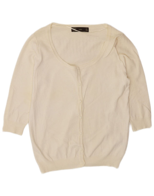 Zara Womens 3/4 Sleeve Cardigan Sweater UK 14 Large Off White Cotton