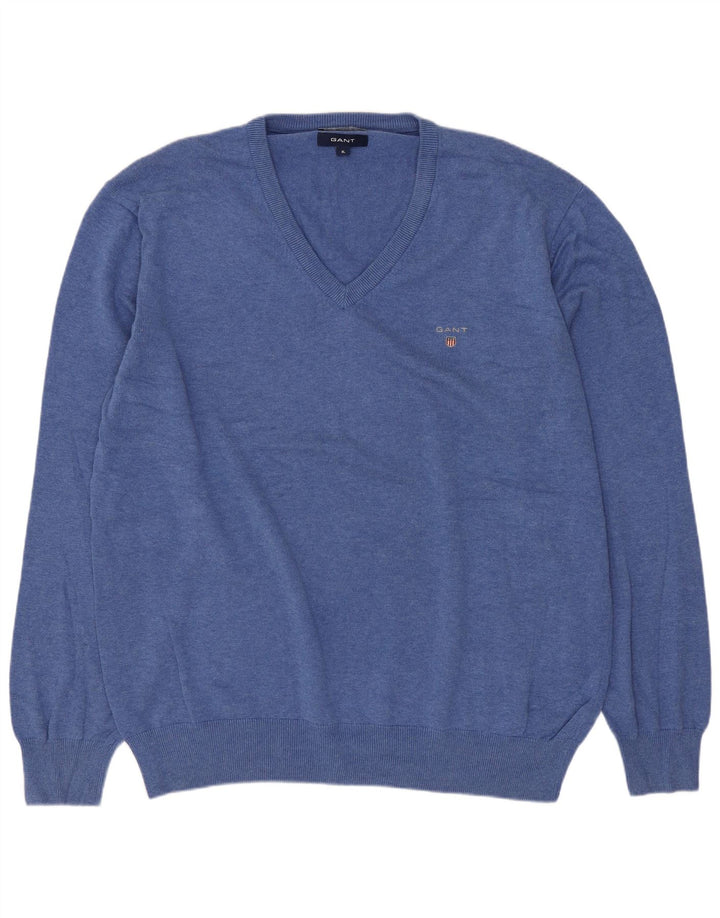 Gant Mens V-Neck Jumper Sweater XL Blue Cotton