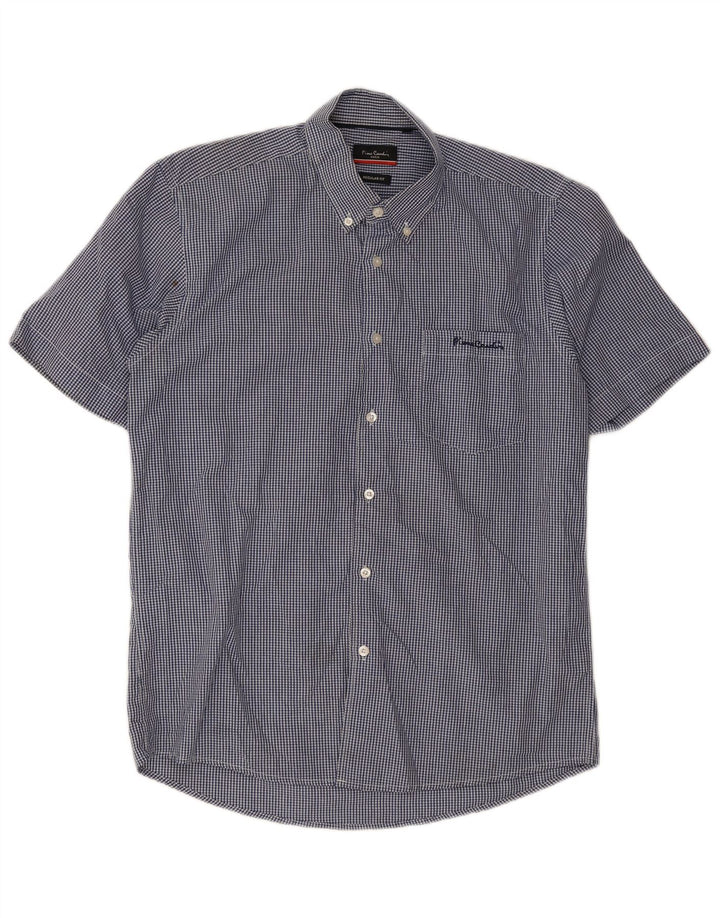 Pierre Cardin Mens Short Sleeve Shirt Large Blue Gingham Polyester