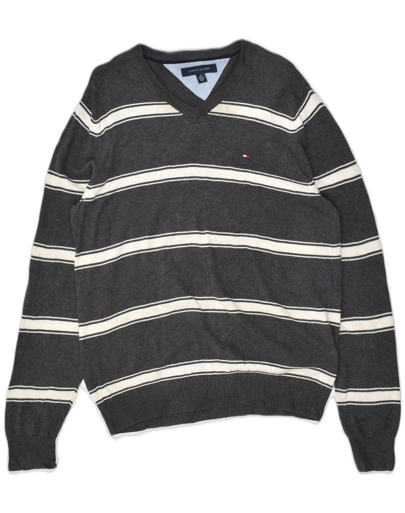 TOMMY HILFIGER Mens V-Neck Jumper Sweater Medium Grey Striped Cotton | Vintage Tommy Hilfiger | Thrift | Second-Hand Tommy Hilfiger | Used Clothing | Messina Hembry 