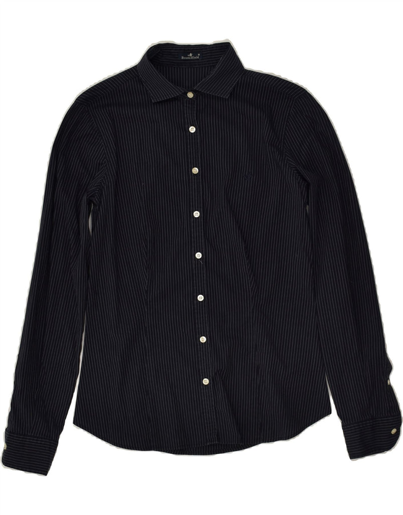 BROOKSFIELD Womens Shirt IT 42 Medium Navy Blue Pinstripe Cotton | Vintage Brooksfield | Thrift | Second-Hand Brooksfield | Used Clothing | Messina Hembry 