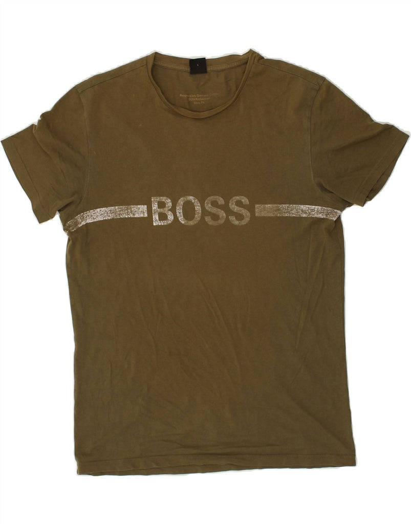 HUGO BOSS Mens Slim Fit Graphic T-Shirt Top Large Khaki | Vintage Hugo Boss | Thrift | Second-Hand Hugo Boss | Used Clothing | Messina Hembry 