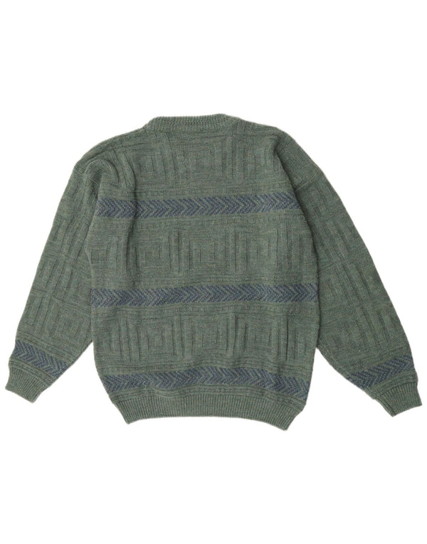 Claude De Pierre Mens Crew Neck Jumper Sweater Medium Green Geometric Wool