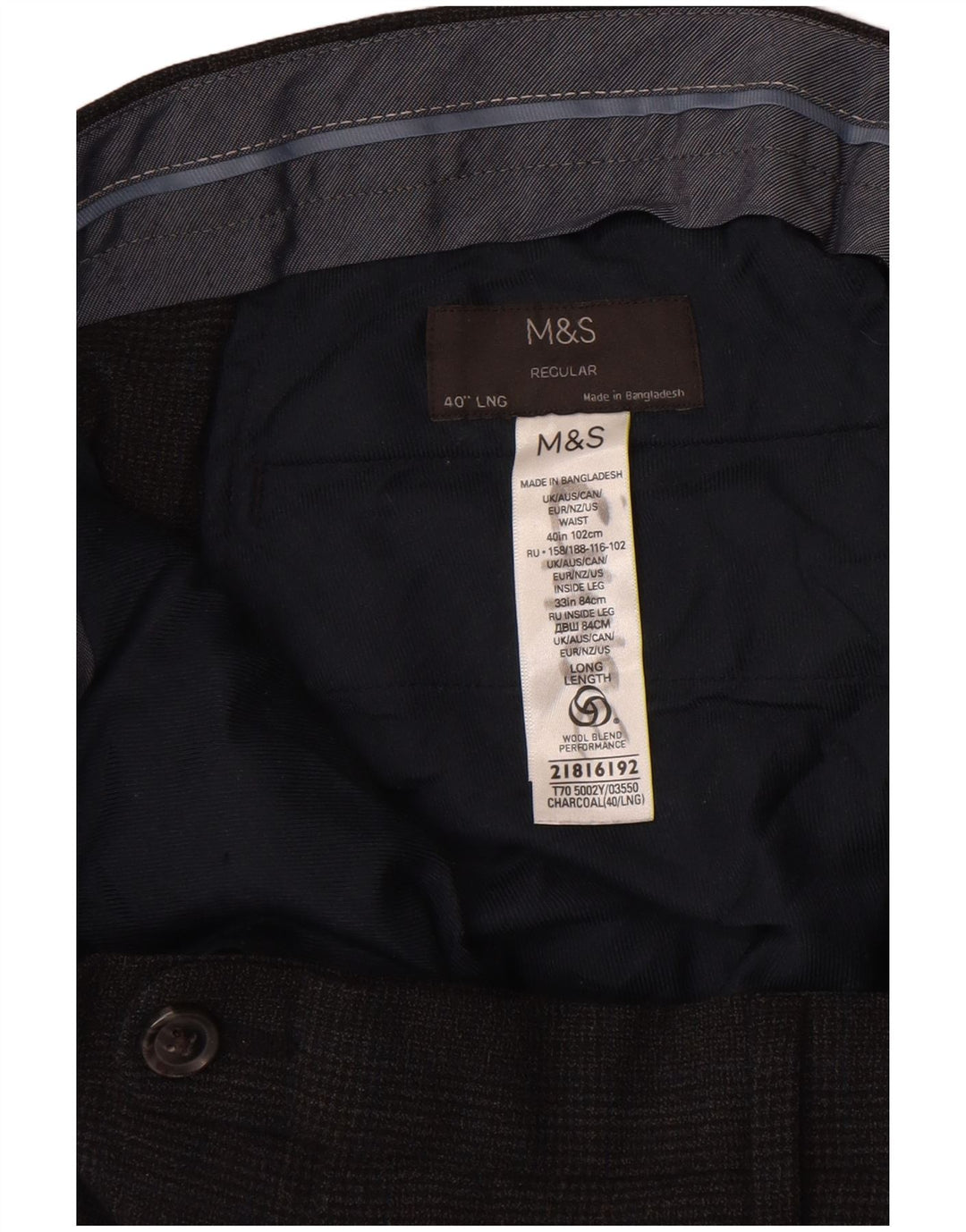 Marks & Spencer Mens Regular Suit Trousers W40 L32 Black Check Wool